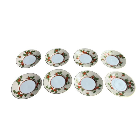 Fitz & Floyd Christmas Holly Saucers – Set of 8 (1982, Japan) new unused - Picture 3 of 4